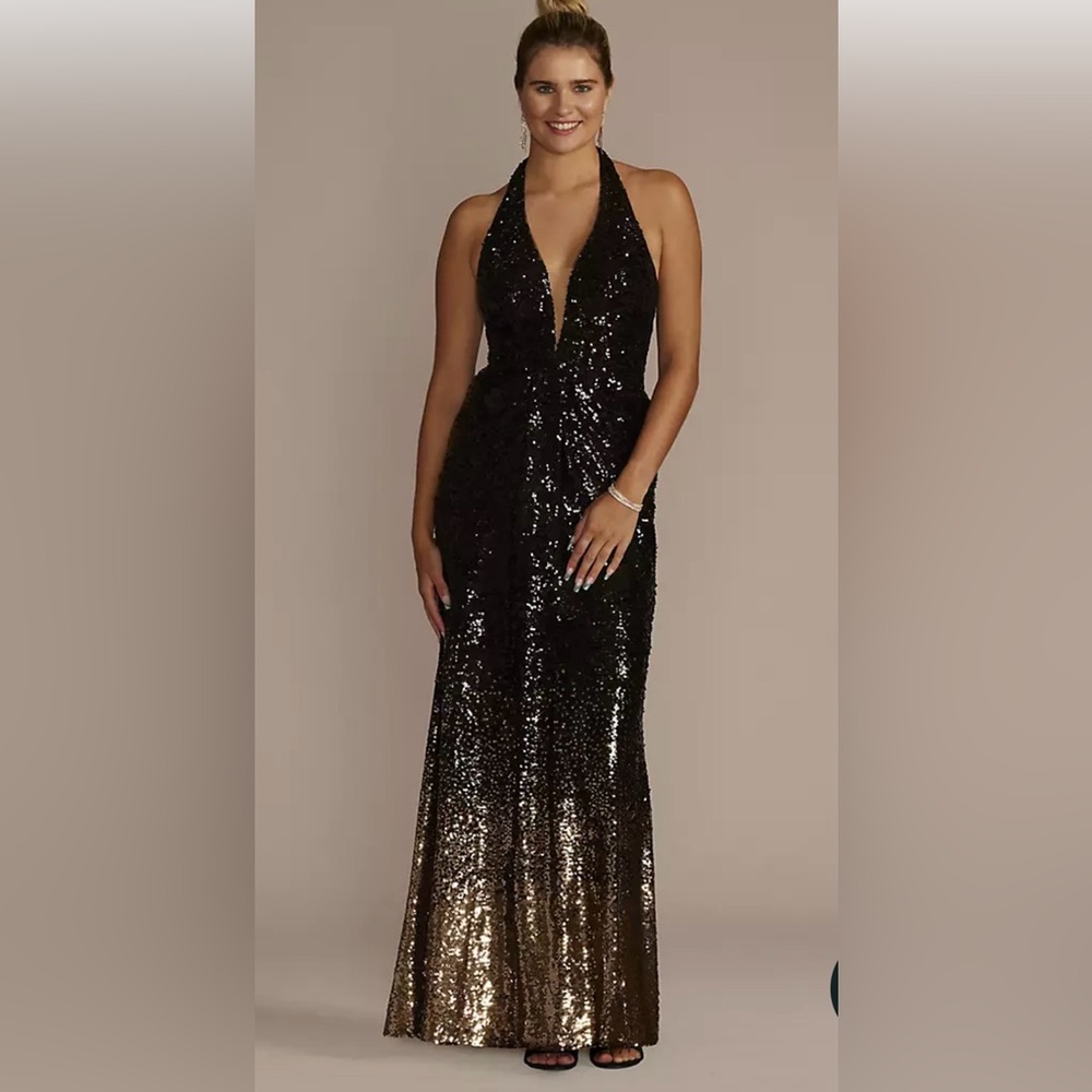Plunge Black and Dusty Rose Ombré Sequin Dress